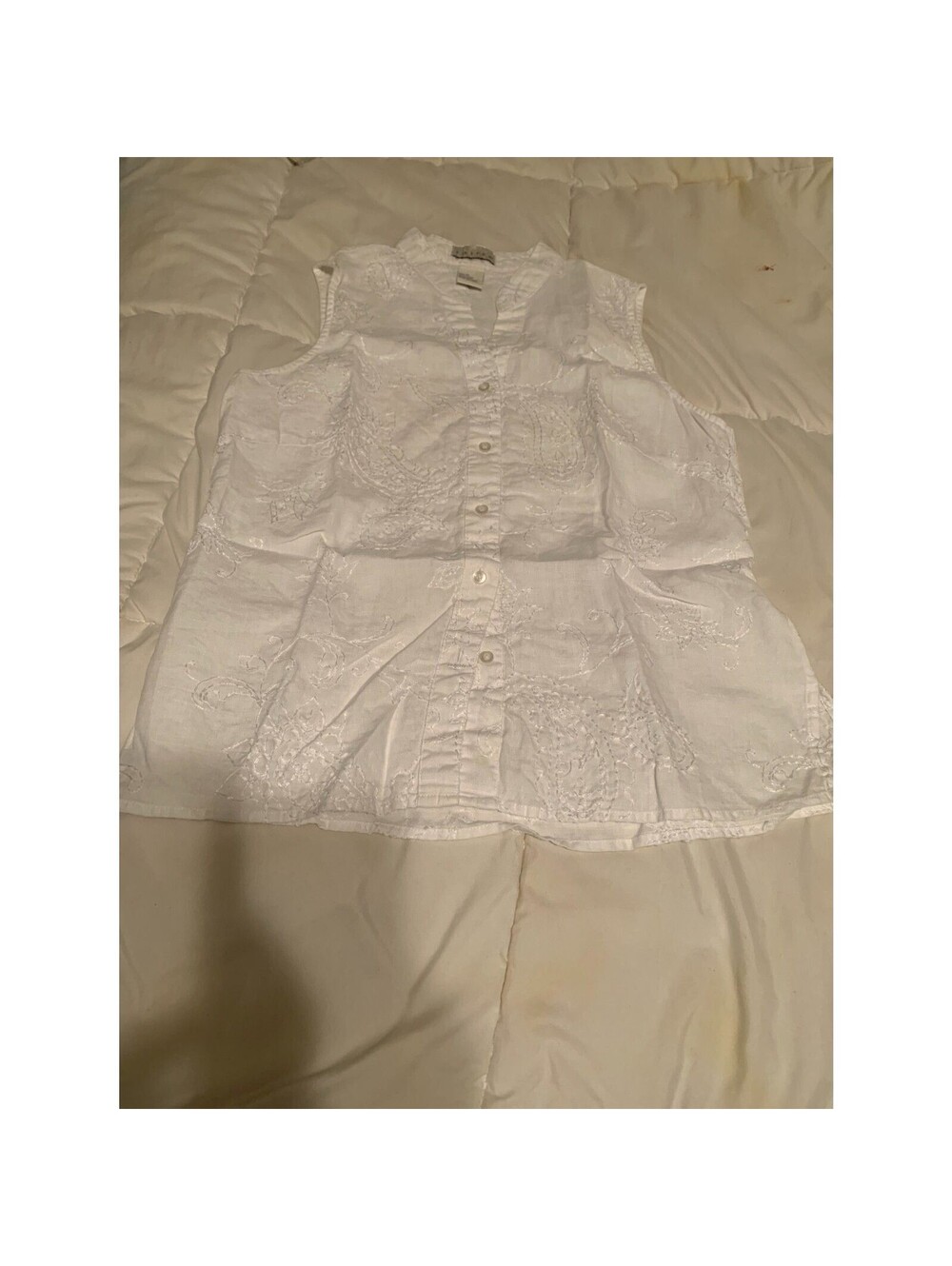 Tweeds White Embroidered Linen Sleeveless Blouse Women’s Medium